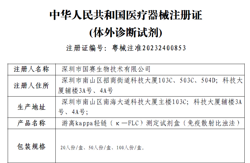 喜訊！國賽生物游離輕鏈測定試劑盒獲證！